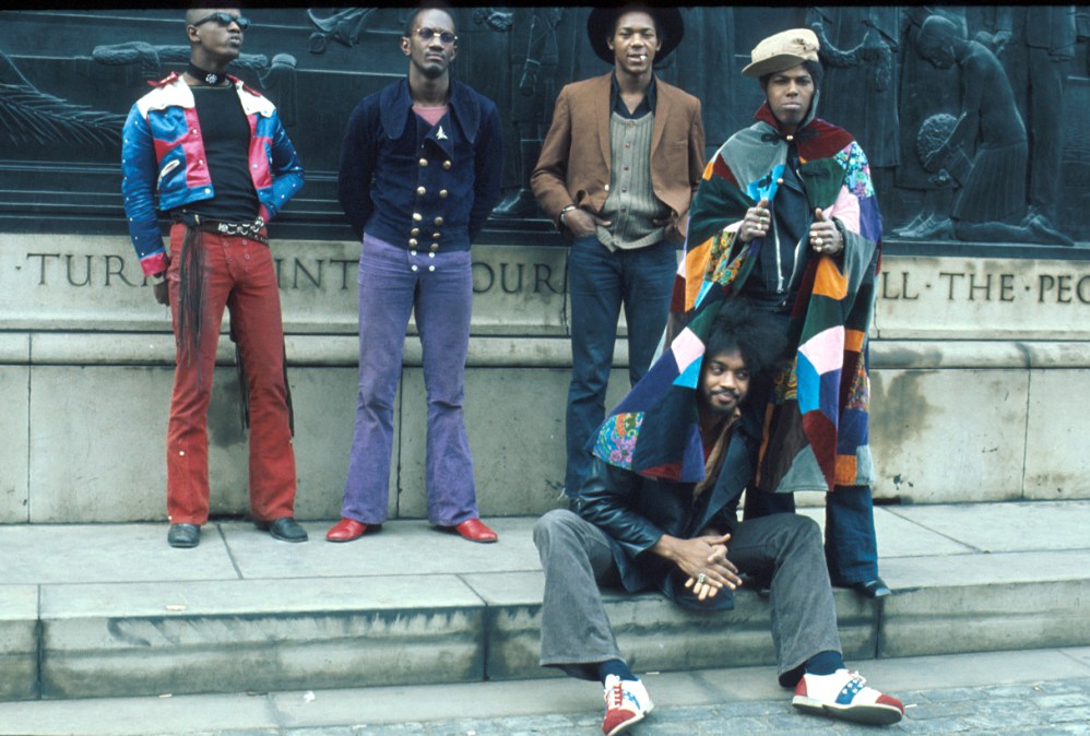 Tawl Ross, Bernie Worrell, Tiki Fulwood, Billy "Bass" Nelson and Eddie Hazel (seated) of the funk band Parliament-Funkadelic