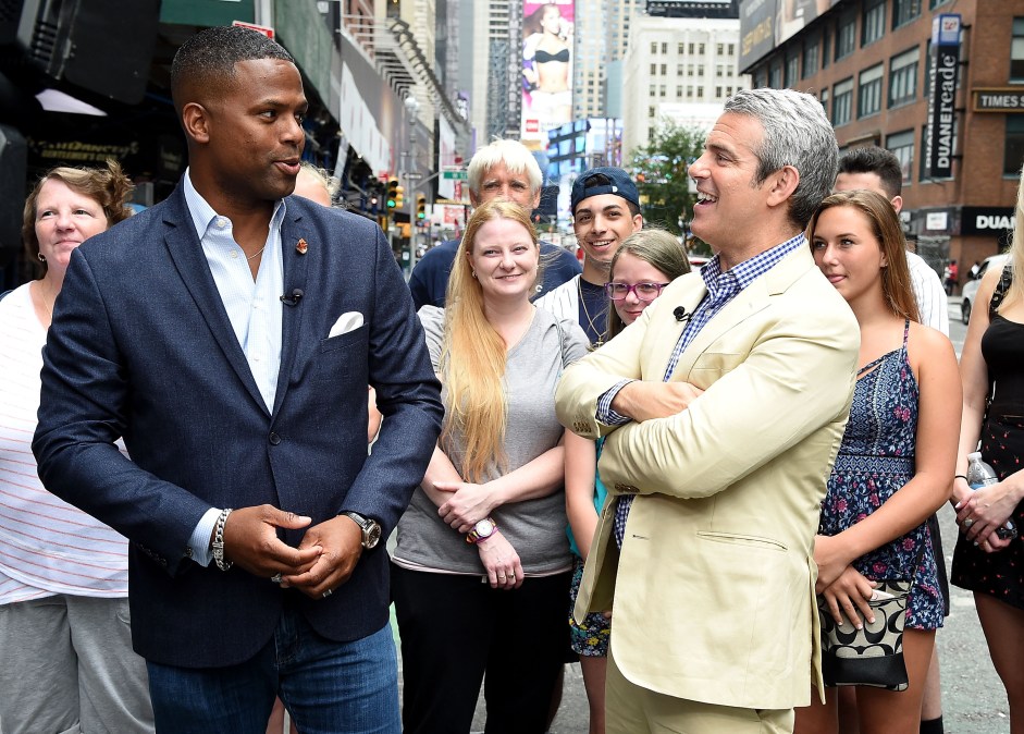 Host AJ Calloway interviews Andy Cohen durng his visit with "Extra" on July 27, 2017 in New York City.