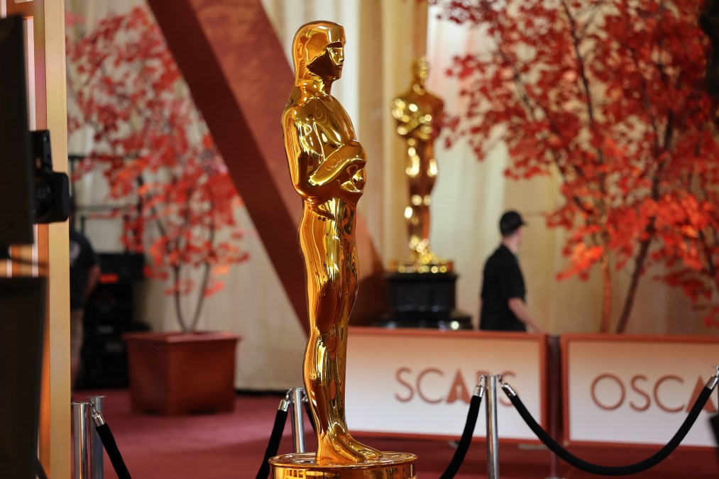 Hollywood, CA - March 14: A view of a decorative Oscar statue on the red carpet during preparations for Sunday night's Academy Awards ceremony
