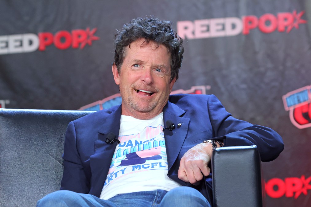 Actors Michael J. Fox speaks during a "Back To The Future Reunion"
