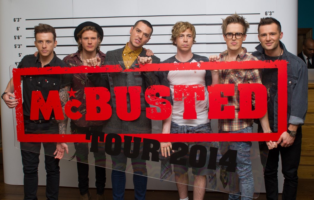 Danny Jones of McFly, Dougie Poynter of McFly, Matt Willis of Busted, James Bourne of Busted, Tom Fletcher of McFly and Harry Judd of McFly attend a press conference to announce the McBusted 2014 arena tour at the Soho Hotel on November 11, 2013
