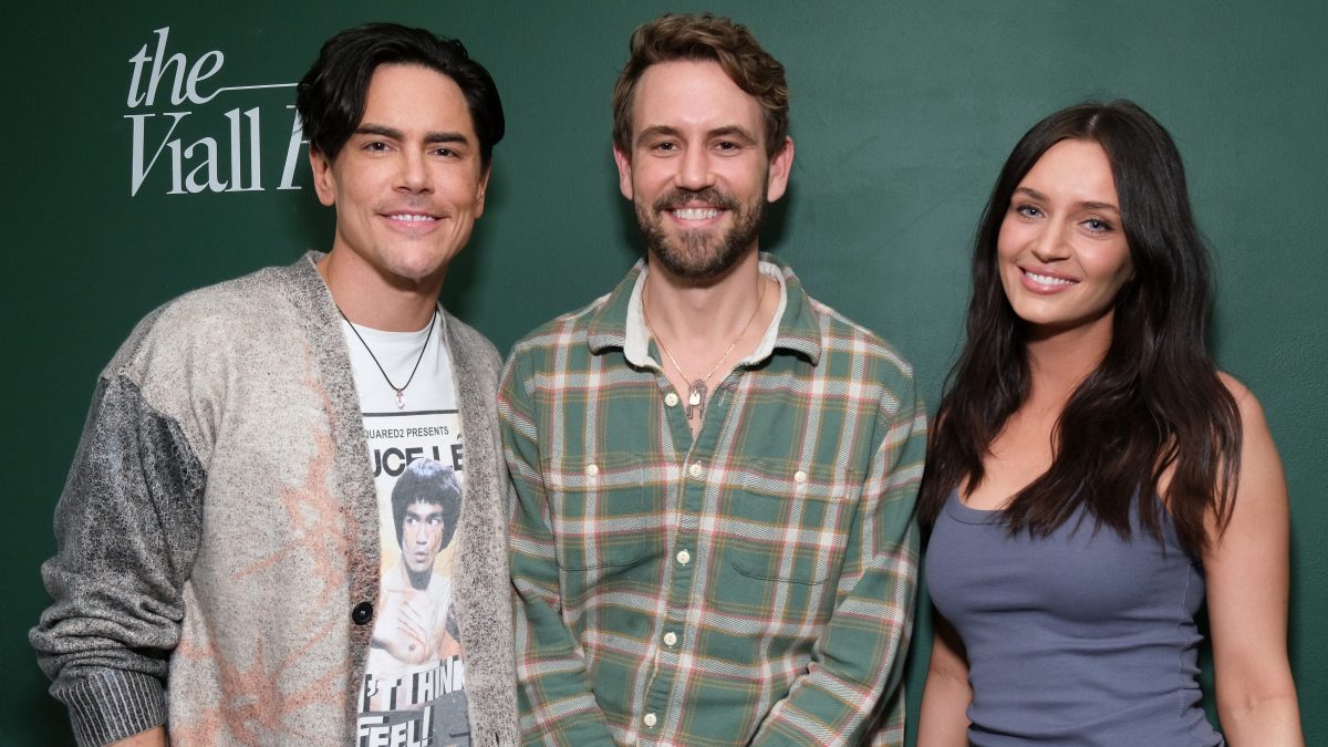 Tom Sandoval, Nick Viall and Victoria Lee Robinson pose at &ldquo;The Viall Files&rdquo; podcast taping in California
