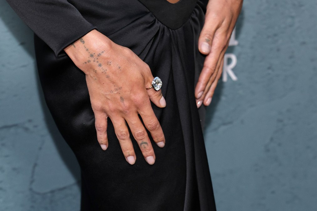 Zo&euml; Kravitz, ring detail, attends Columbia Pictures' "Caught Stealing" premiere at Regal Union Square on August 26, 2025 