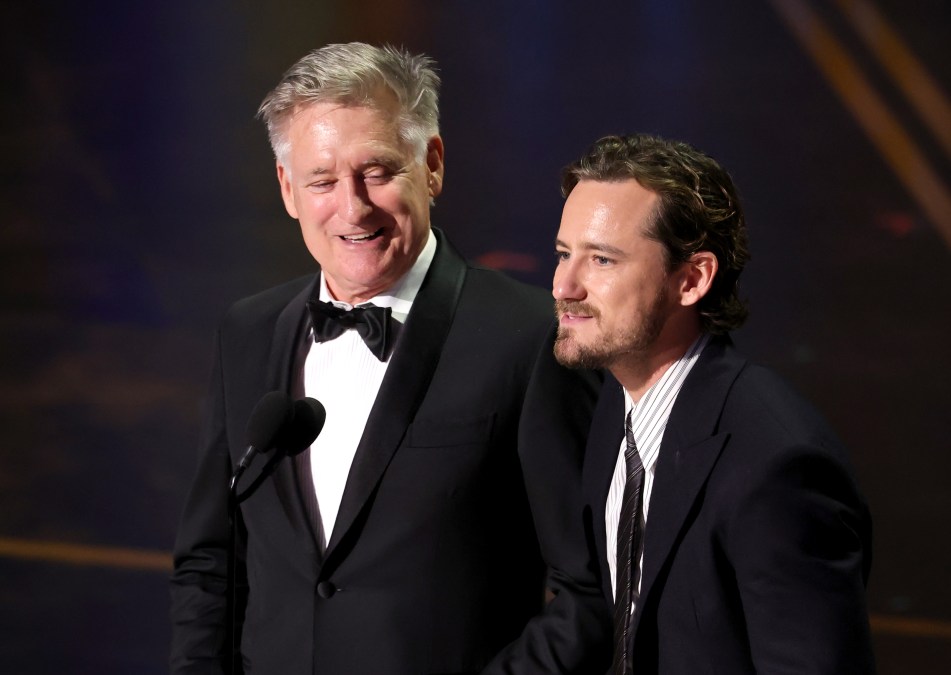 (L-R) Bill Pullman ("Spaceballs") and Lewis Pullman ("Spaceballs 2") speak onstage during the 98th Oscars at Dolby Theatre on March 15, 2026.