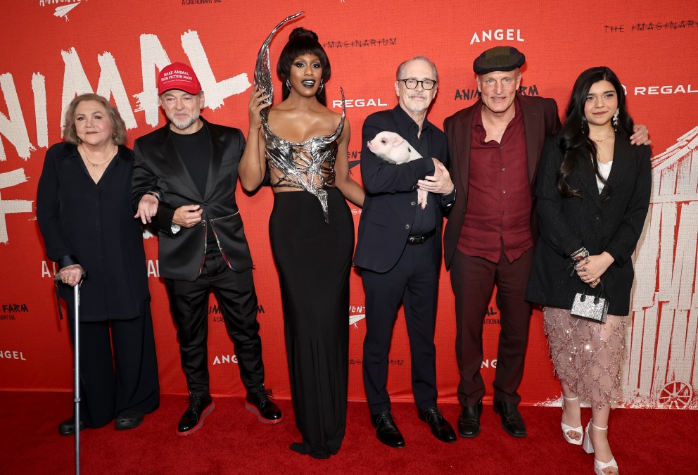 Kathleen Turner, Andy Serkis, Laverne Cox, Steve Buscemi, Woody Harrelson and Iman Vellani attend the "Animal Farm" New York Premiere at Regal Theater on April 21, 2026