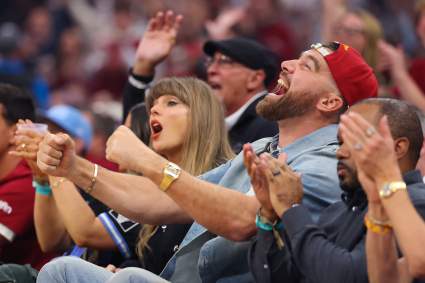Taylor Swift and Travis Kelce Root for Opposing Teams at Knicks-Cavs Playoff Game