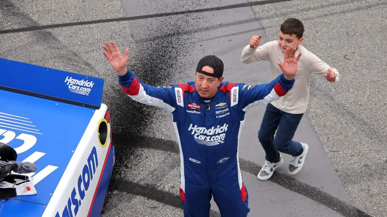 Kyle Busch, driver of the #7 HendrickCars.com Chevrolet, celebrates with son, Brexton Busch after winning the NASCAR Craftsman Truck Series Fr8 Racing 208 at Echo Park Speedway on February 21, 2026