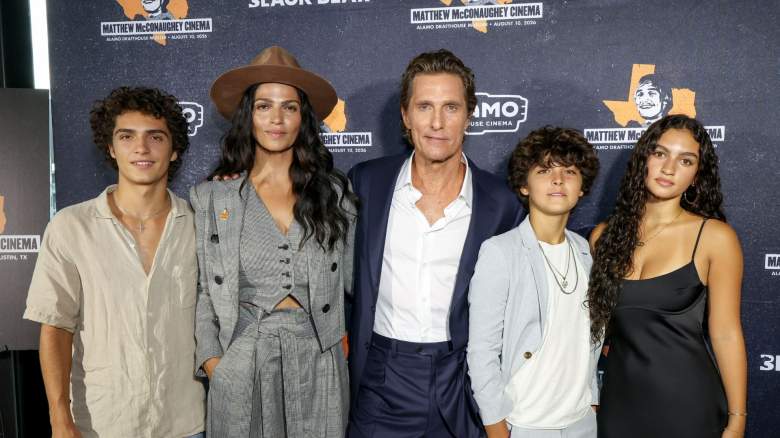 Levi Alves McConaughey, Camila Alves McConaughey, Matthew McConaughey, Livingston Alves McConaughey and Vida Alves McConaughey attend Matthew McConaughey Cinema's dedication ceremony