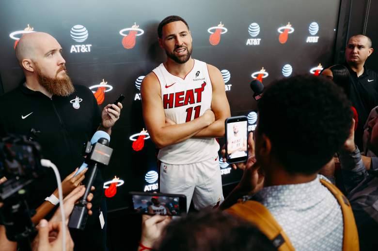 Klay Thompson talking to reporters 