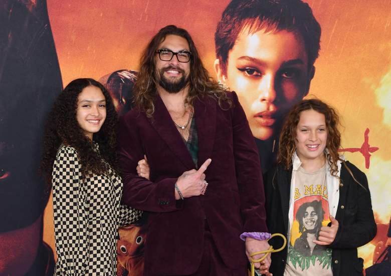 US actor Jason Momoa and his children Lola Momoa (L) and Nakoa-Wolf Momoa (R) arrive for "The Batman" world premiere