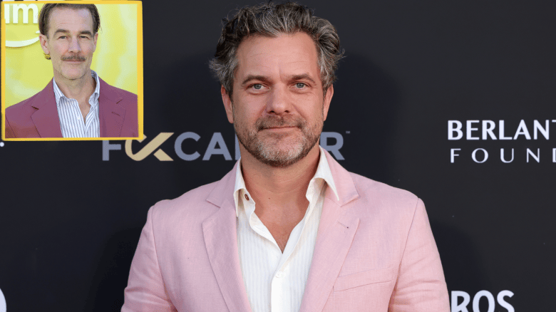 Joshua Jackson wears a pink blazer and white shirt. A picture of James Van Der Beek is in the top right.